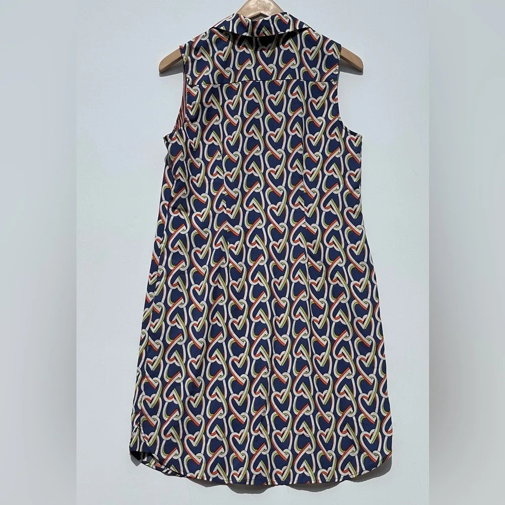 Cabi Amour Dress Size S Heart Chain Print Navy Blue White Collared Casual